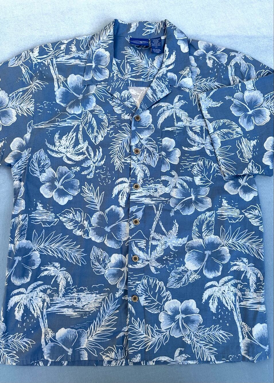 Vtg OP Ocean Pacific Hawaiian Shirt Mens Large L Blue Floral Palm Cotton Rayon